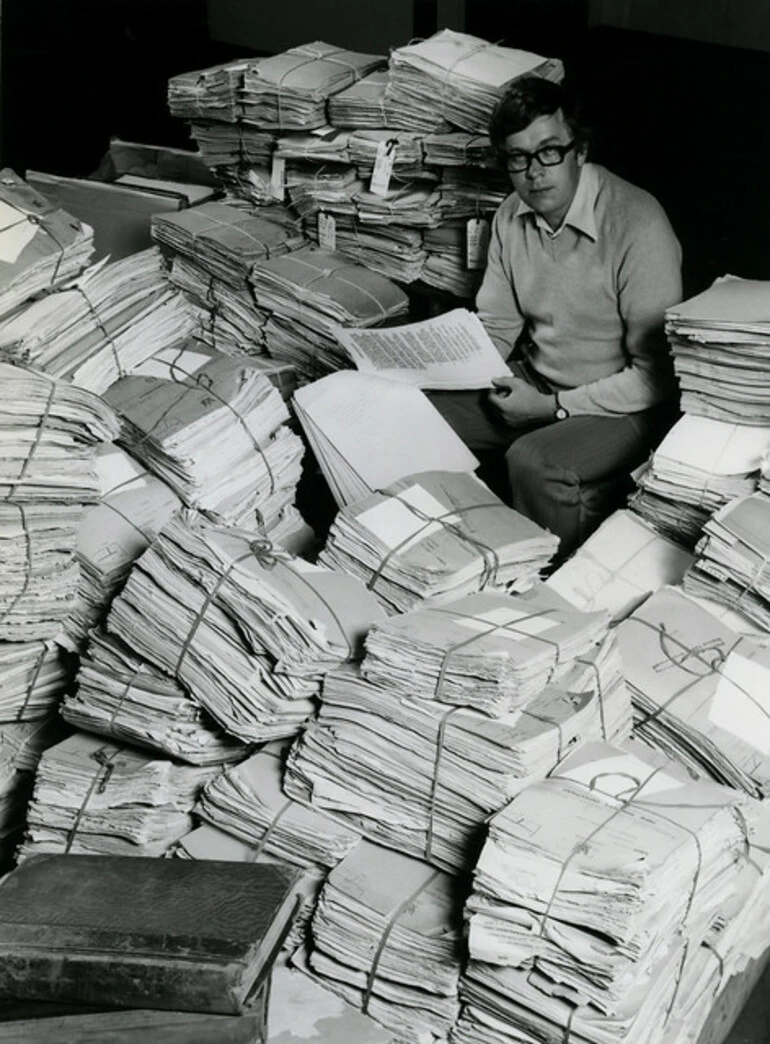 Image: Stuart Strachan, Senior Archivist, National Archives, examines files from the Prime Minister's Department (1980)