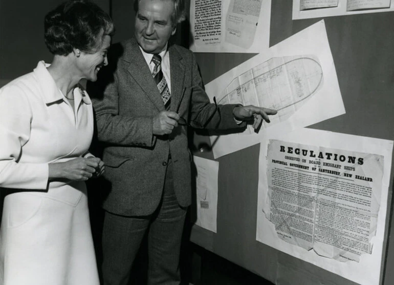 Image: Judith Hornabrook, Chief Archivist, National Archives with Alan Highet, Minister of Internal Affairs at National Archives Open Day, 24 November 1979