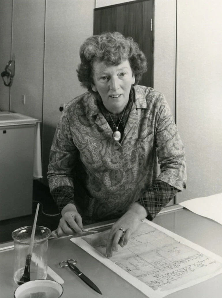 Image: Mrs. Park, Conservation Officer, National Archives, prepares a wet mounted document (c1979)