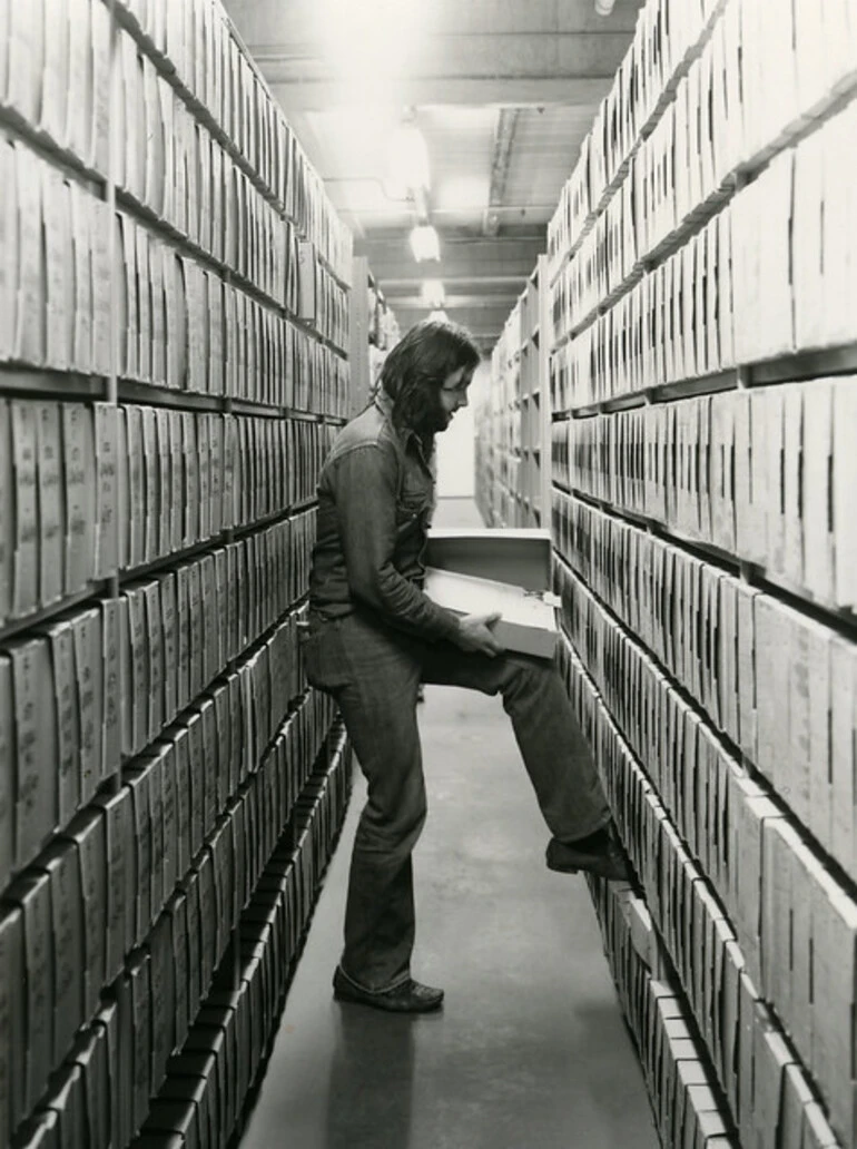 Image: Forest Service files in basement stacks, Air New Zealand Building (c1979)