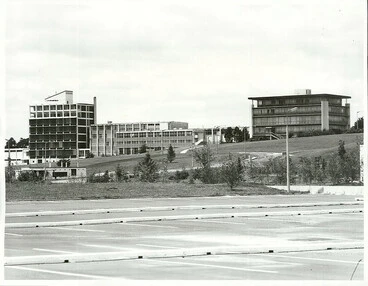 Image: Hamilton Teachers Training College on left and Waikato University Library Building on right