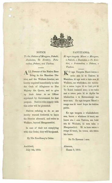 Image: Proclamation requiring Māori to take an Oath of Allegiance, 9 July 1863