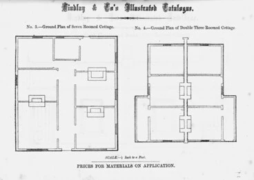 Image: Findlay & Co. :Findlay and Co's illustrated catalogue. No. 3. Ground plan of seven roomed cottage. Ground plan of double three roomed cottage. Scale 1/8 inch to a foot. Prices for material on application. [1874]