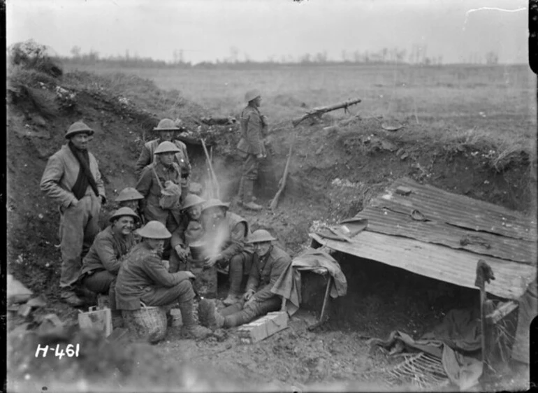 Image: New Zealand soldiers around a billy in a strong post, near Mailly-Maillet, France, during World War I