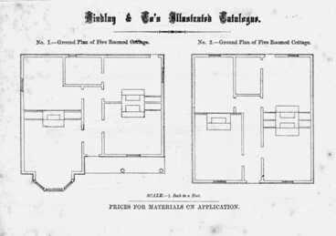 Image: Findlay & Co. :Findlay and Co's illustrated catalogue. No. 1. Ground plan of five roomed cottage. No. 2. Ground plan of five roomed cottage. Scale 1/8 inch to a foot. Prices for material on application. [1874]