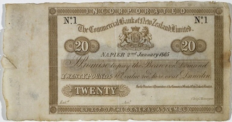 Image: Commercial Bank of New Zealand Limited. :[Banknote for] twenty pounds. Napier 2nd January 1865. By act of the General Assembly. Perkins, Bacon & Co. London.