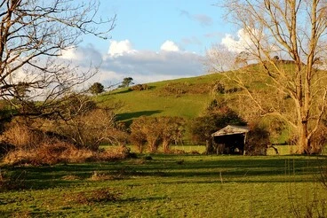 Image: An old house was here, Old garage and rural landscape, Okaeria, Waikato, New Zealand