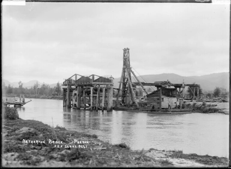 Image: Netherton Bridge under construction, at Paeroa, ca 1918 - Photograph taken by Fred. E Flatt