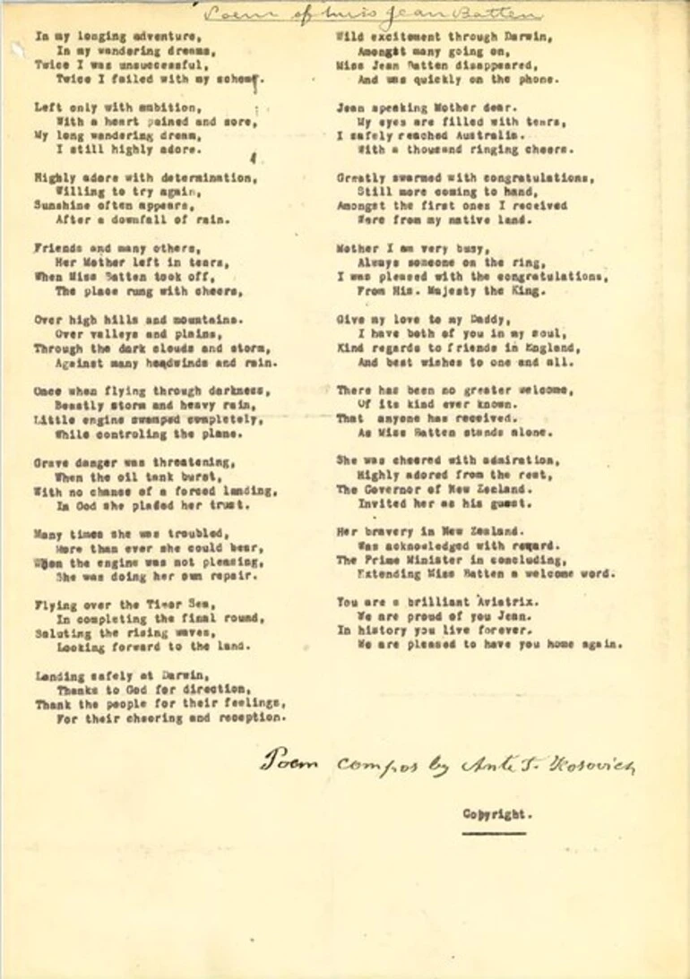 Image: Copyright File- Untitled [Antetoni Kosovich, Auckland] - 'Poem of Miss Jean Batten'