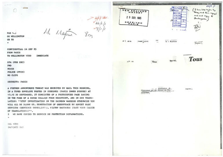 Image: Threatening mail sent to New Zealand Embassy in Paris, 1985