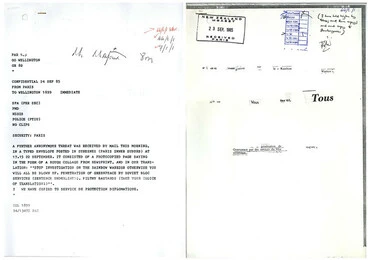 Threatening mail sent to New Zealand Embassy in Paris, 1985 Image: Threatening mail sent to New Zealand Embassy in Paris, 1985