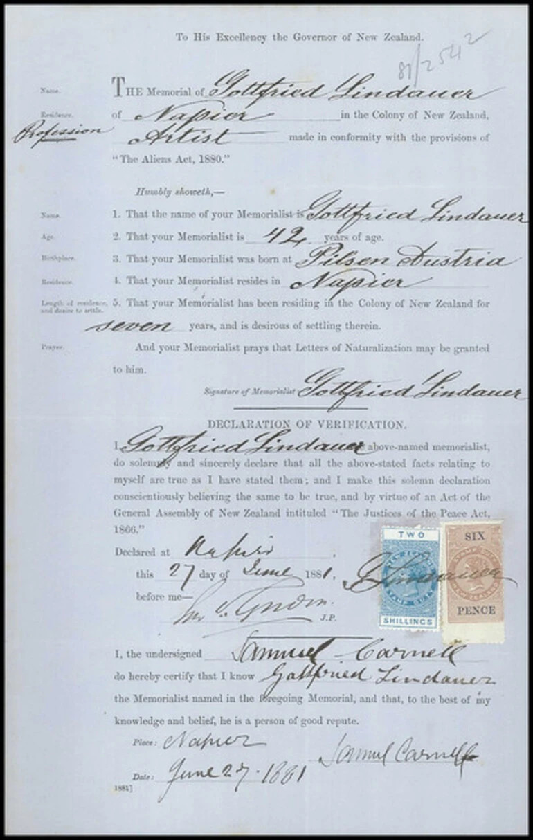 Image: Gottfried Lindauer applies to be naturalised, 1881