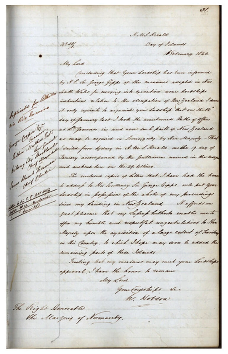 Image: Correspondence from William Hobson to Lord Normanby, 1840