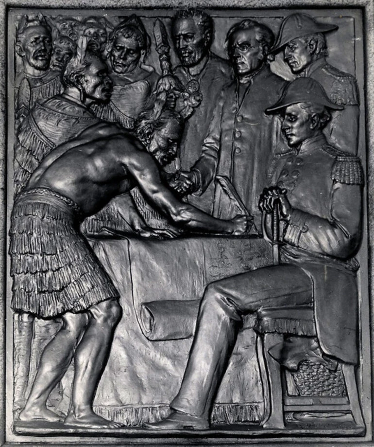 Image: Bronze plaque of the treaty signing at Waitangi, 6 February 1840