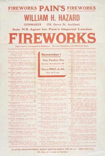 Image: William H. Hazard, gunmaker... Auckland, sole New Zealand agent for Pain's Imperial London fireworks. [List of fireworks]. Remember Guy Fawkes' Day, Saturday November 5th, 1910.