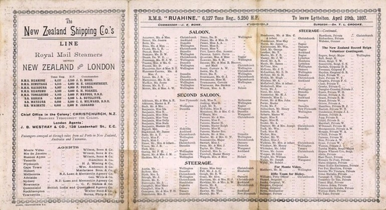 Image: New Zealand Shipping Company Limited :New Zealand Line. List of passengers. [R.M.S. "Ruahine". Inside spread]. 1897.