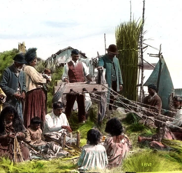 Māori Rope-making, Lantern Slide Image: Māori Rope-making, Lantern Slide