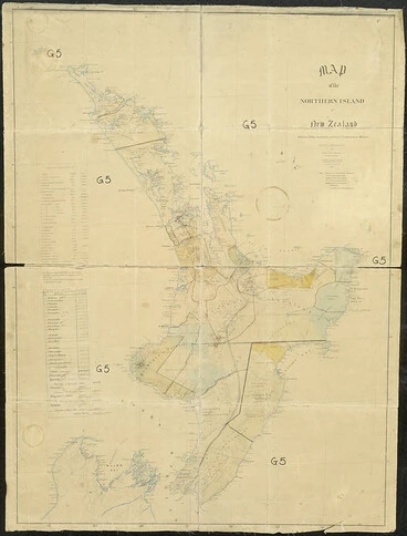 Image: Map of the North Island, with confiscated land blocks, iwi boundaries and Māori population, 1863