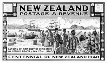 Image: Stamp of NZ Company settlers arriving in Pito-one (Petone), 1840