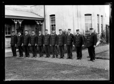 Image: [Group portrait of male attendants in lined formation, Avondale Lunatic Asylum]