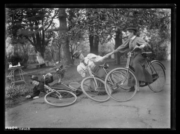 Image: [Three nurses, on bicycles, (falling over). Auckland Private Hospital]