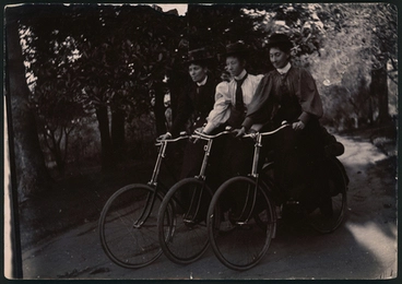 Image: [Nurse Bessie, Nurse Pierce and unidentified nurse riding bicycles]