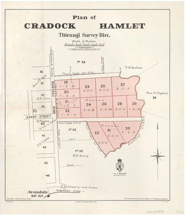 Image: Plan of Cradock Hamlet, Titirangi Survey District
