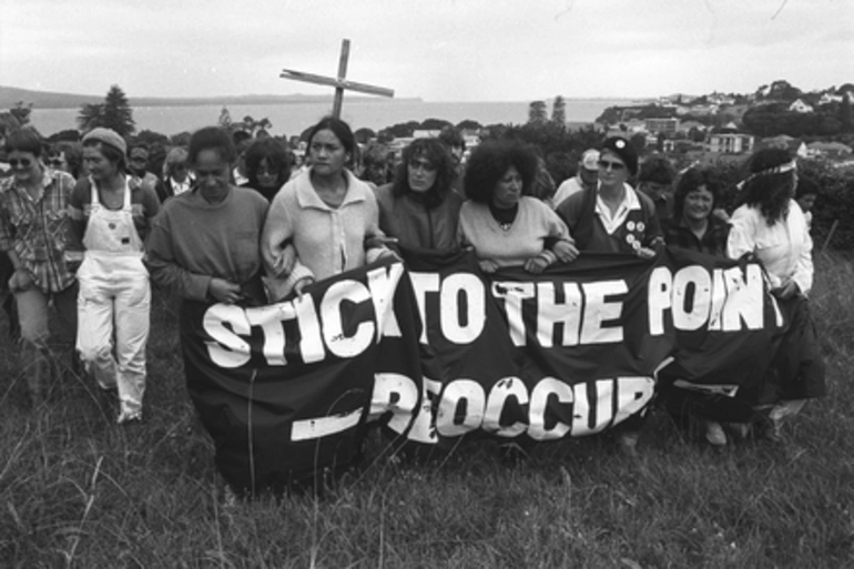 Image: Protestors with banner 'Stick to the Point Reoccupy'. Orakei Bastion Point Occupation