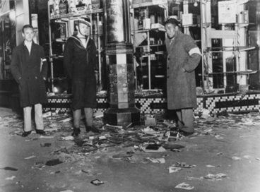 Image: Queen Street riot. Pickets on duty outside a looted tobacconists' premises at entrance to His Majesty's Arcade