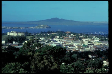 Image: [Looking across Newmarket to Rangitoto Island].