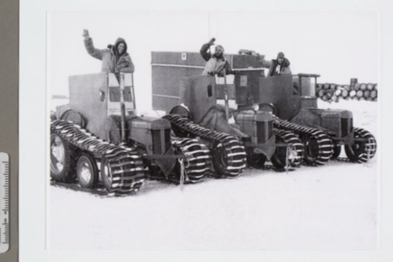 Image: Sir Edmund Hillary, Derek Wright and Murray Ellis with Ferguson tractors. South Pole, 3 January 1958.