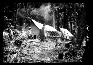 Image: [A family camps in the Waipoua Kauri Forest]