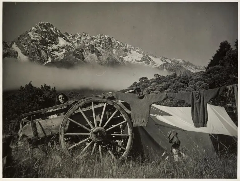 Image: Dorothy in old cart, Rakaia River