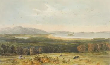 Image: Port Nicholson from the hills above Pitone in 1840.