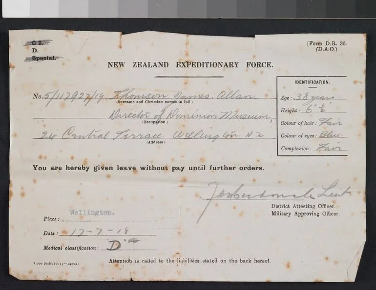 Image: Notice of leave without pay until further orders from the New Zealand Expeditionary Forces