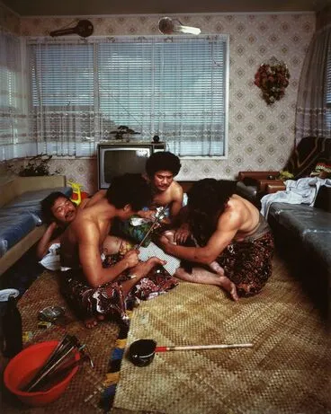 Image: 7.10.78. Triangle Road, Massey, west Auckland. Tattooing Tom Ah Fook, Arona and Leo Maselino (solo). Tufuga tatatau: Su'a Sulu'ape Paulo II