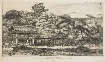 Image: Greniers indigènes et habitation à Akaroa, Presqu'île de Banks, 1845.