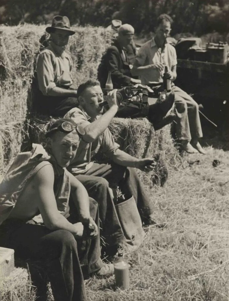 Image: Haymakers taking a break, Pukeora farm, Waipukurau