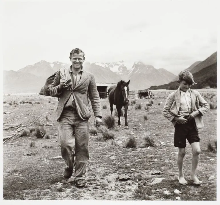 Image: Ted Porter bringing in the mail at Manuka Point Station, and his son Bobby, 1943. From the portfolio: PhotoForum - John Pascoe