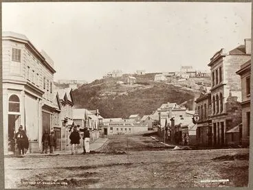 Image: Rattray Street, Dunedin in 1864. From the album: Early Dunedin, Meluish - Burton - Muir & Moodie