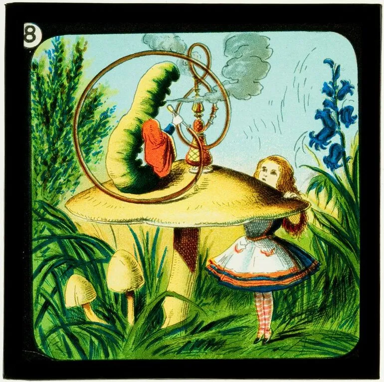 Image: Alice in Wonderland (Part 1), Down the rabbit hole: there was a large mushroom, and on the top of it sat a large caterpillar