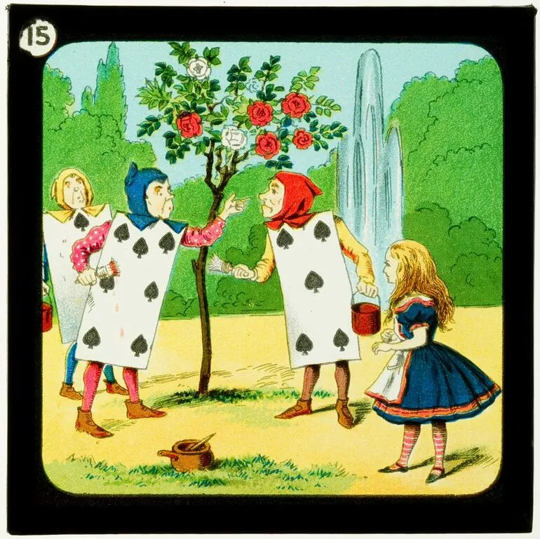 Image: Alice in Wonderland (Part 2), Mad tea party: a large Rose Tree stood over the entrance