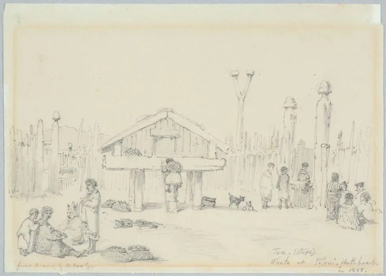 Image: Whata at Petone - Hutt Beach in 1848, from a drawing by W. Fox Esq.