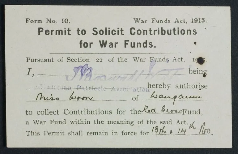 Image: Document, 'Permit to Solicit Contributions for War Funds.'