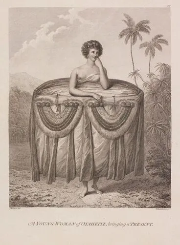 Image: A young woman of Otaheite, bring a present. Plate 27. From the book: Folio of Plates to Captain Cook's Voyages