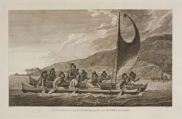 Image: A Canoe of the Sandwich Islands, the Rowers Masked. Plate 65. From the book: Folio of Plates to Captain Cook's Voyages