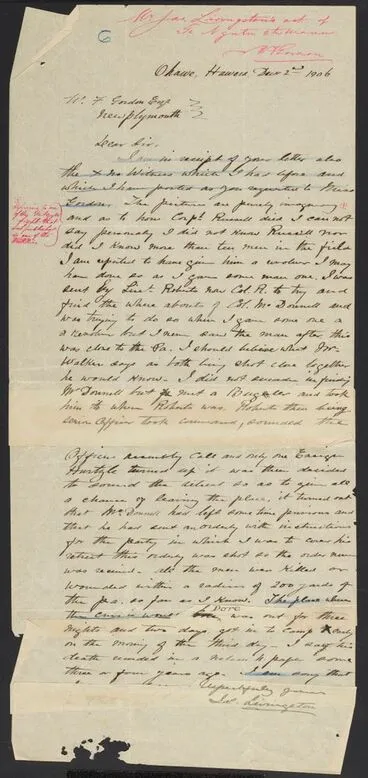 Image: Letter to W.F. Gordon re: account of Te Ngutu o Te Manu