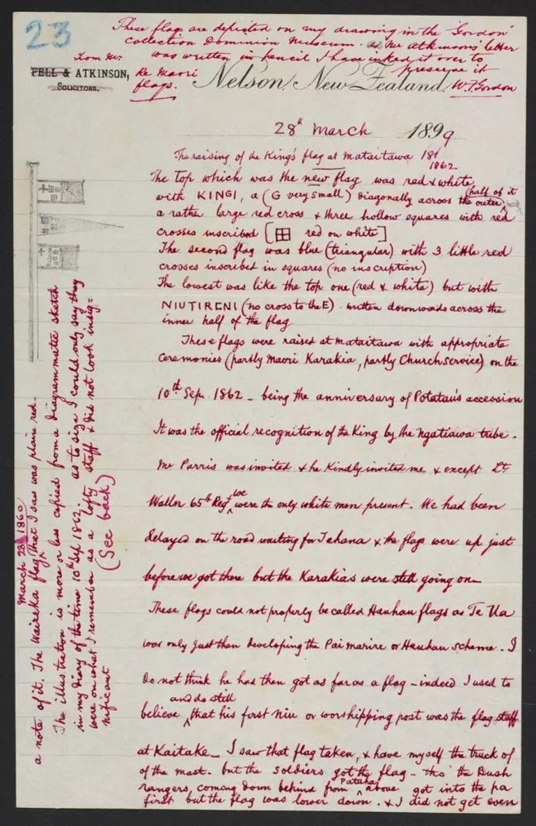Image: Letter to W.F. Gordon re Account of hoisting of Kingitanga flag at Mataitawa, 1862