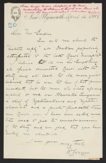 Image: Letter to W.F. Gordon contradicting the statement that it was Rewi who made the memorable speech at Orakau