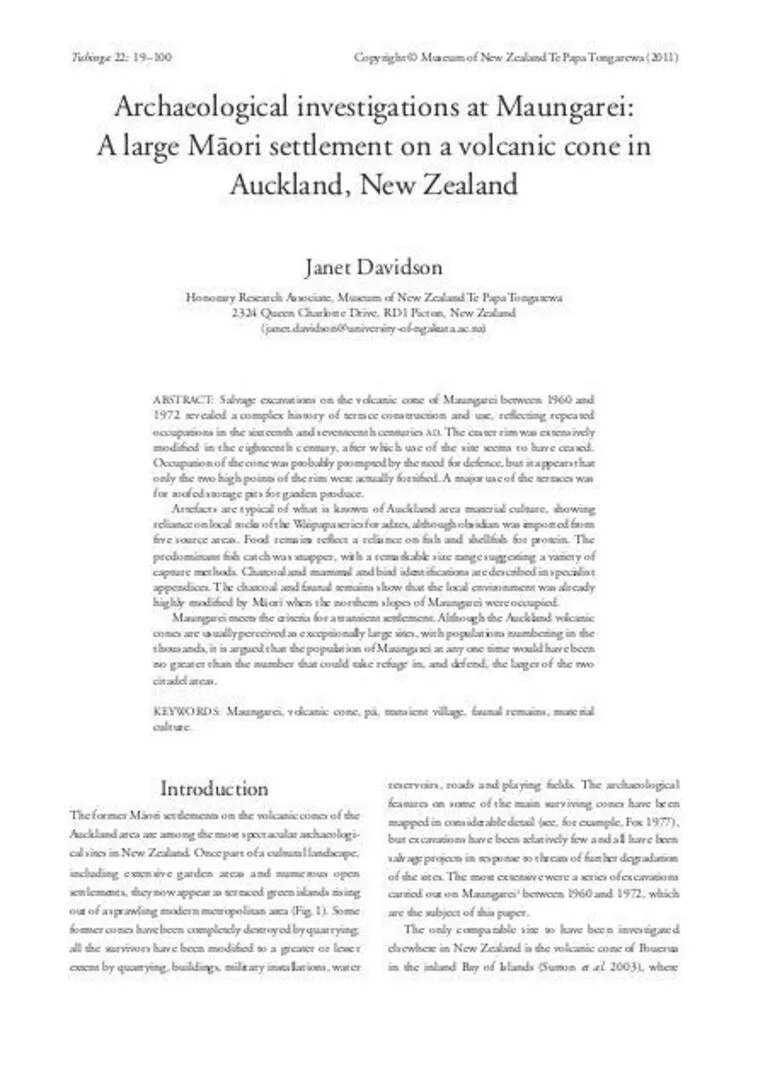 Image: Archaeological investigations at Maungarei: A large Māori settlement on a volcanic cone in Auckland, New Zealand: Tuhinga 22